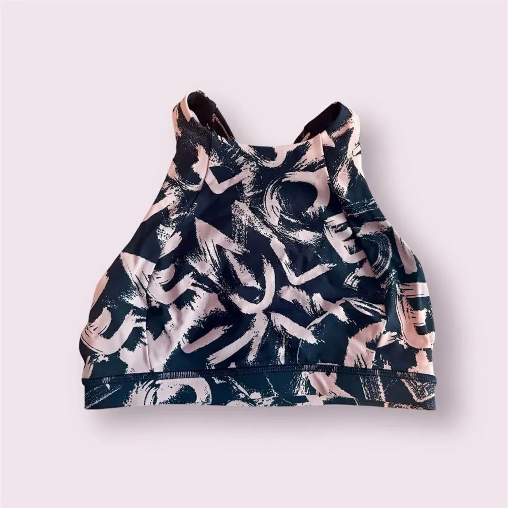 LULULEMON High Neck Energy Bra Black Pink Logo Print 4